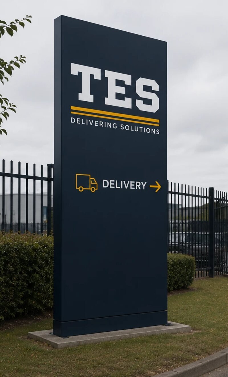 TES totem sign at the yard entrance, navy with the TES logo and delivery arrow